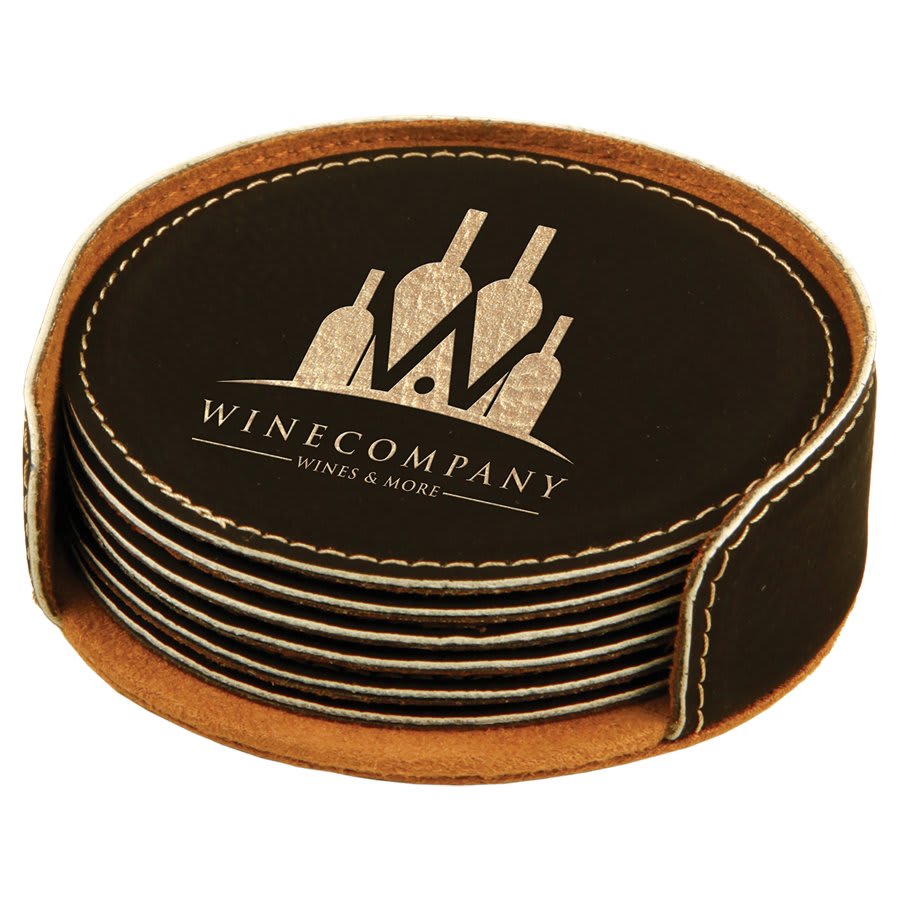 Set of black coasters with gold engraving