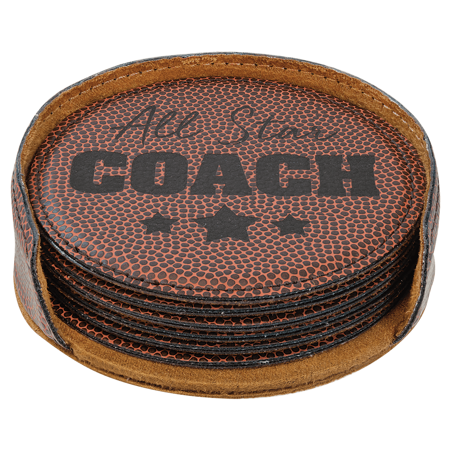 Stack of leather coasters with 'All Star Coach' text on a clear background