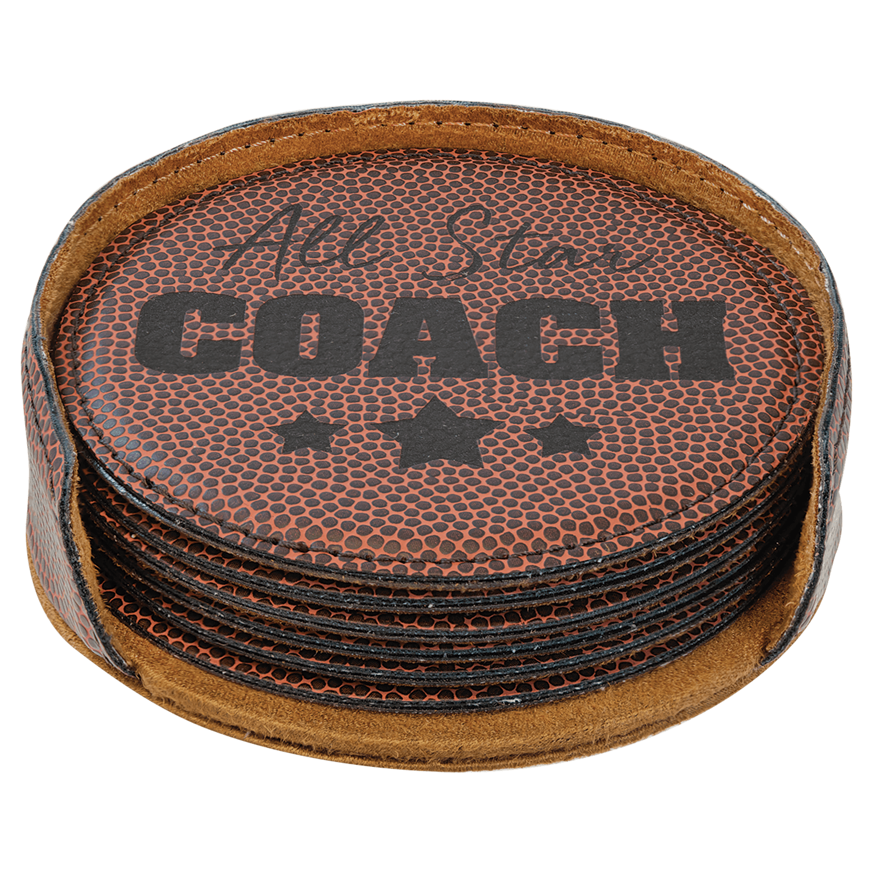 Stack of leather coasters with 'All Star Coach' text on a clear background