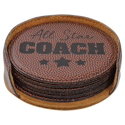 Stack of leather coasters with 'All Star Coach' text on a clear background