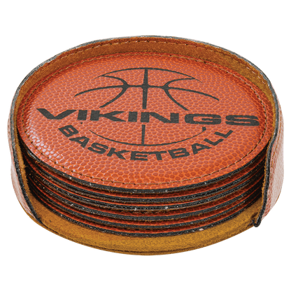 Stack of vintage-style Viking basketballs with leather casing on a black background