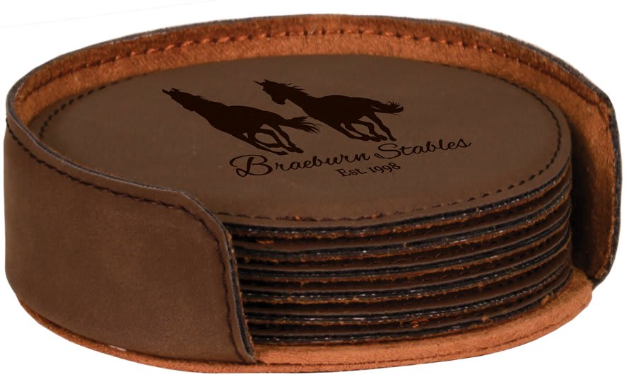Set of brown leather coasters black engraving
