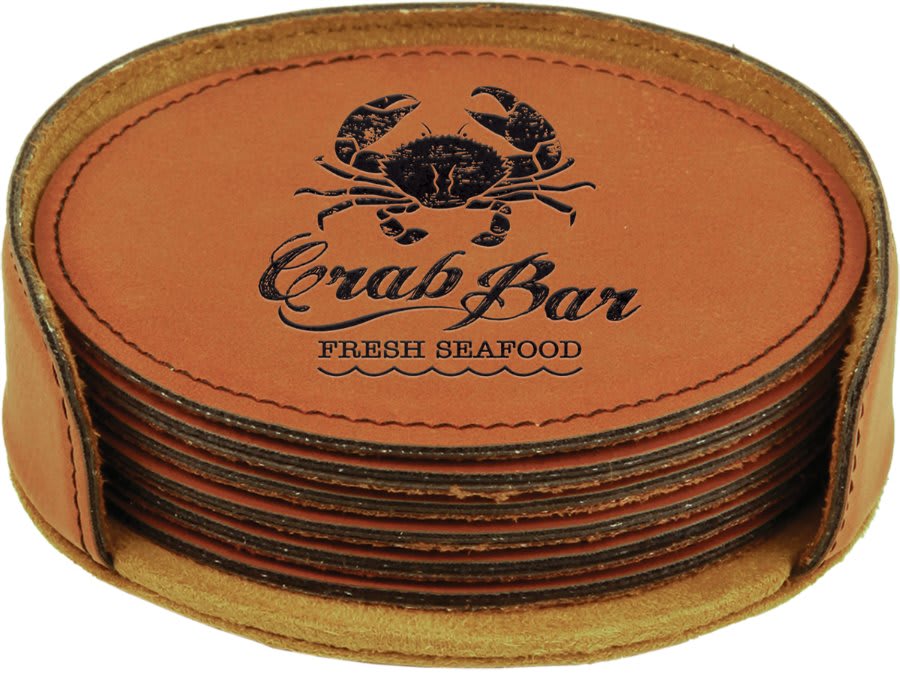 Set of round leather coasters with black engraving