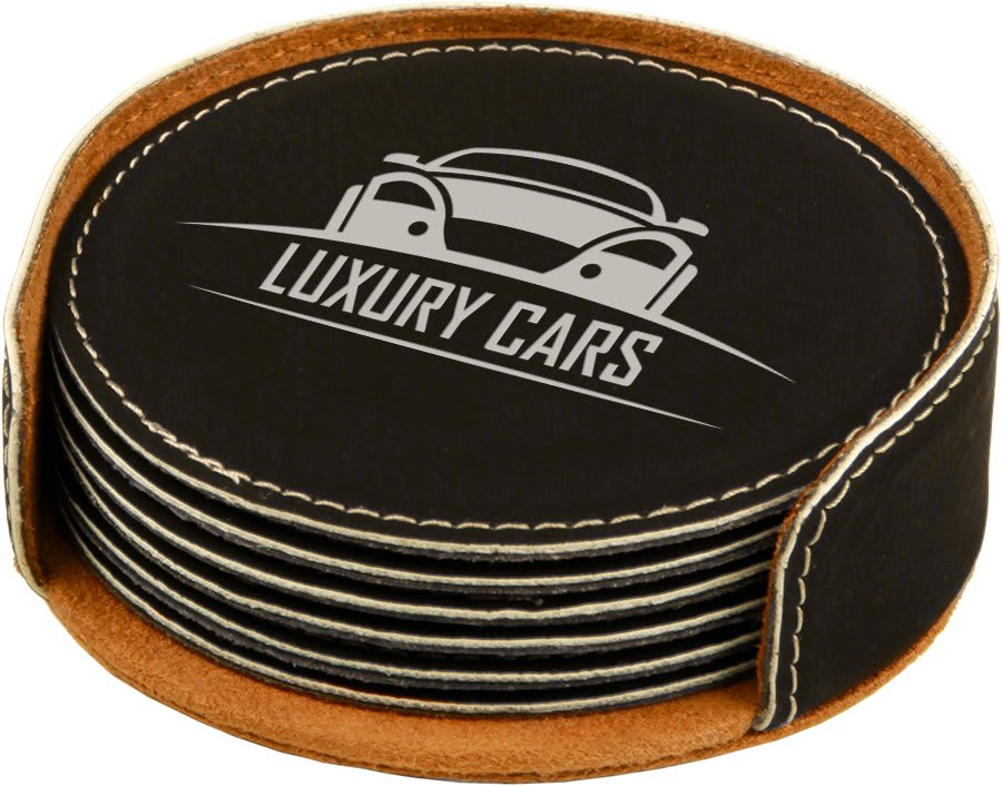 Set of black coasters with silver engraving