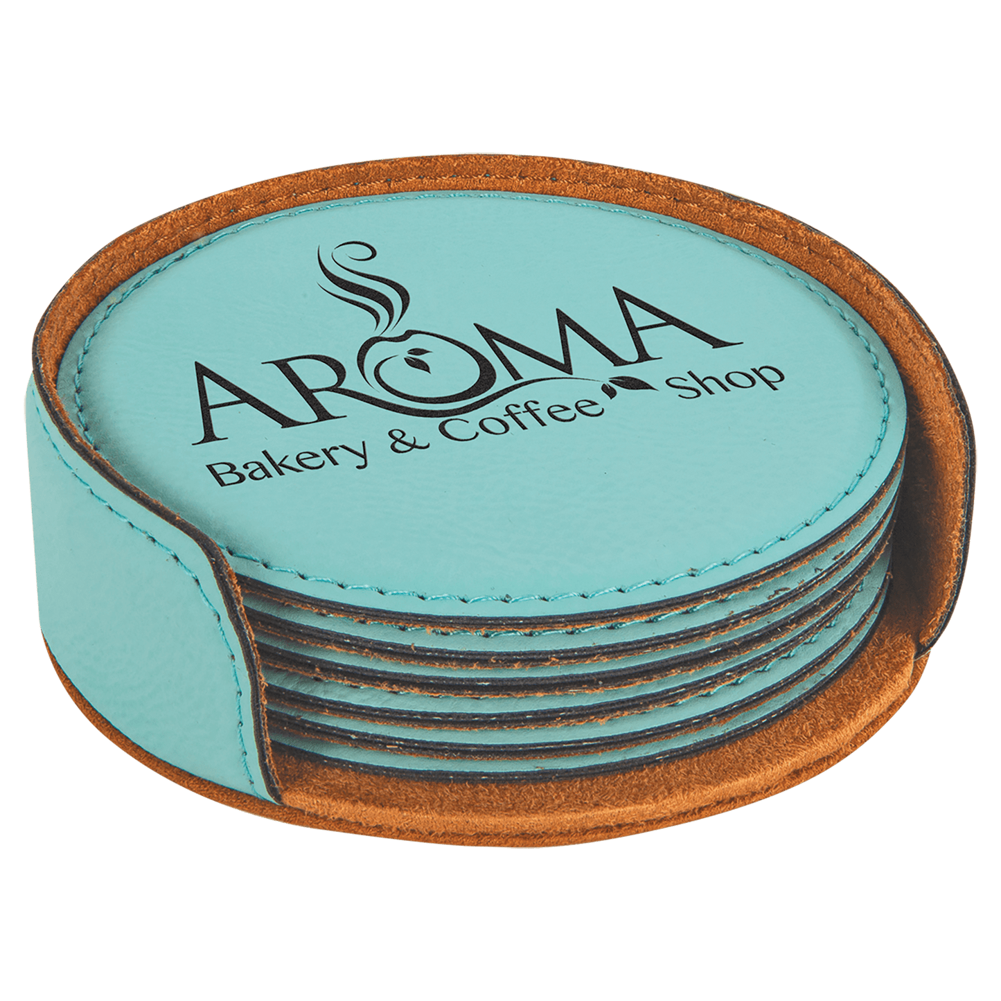 Set of teal blue coasters with black engraving