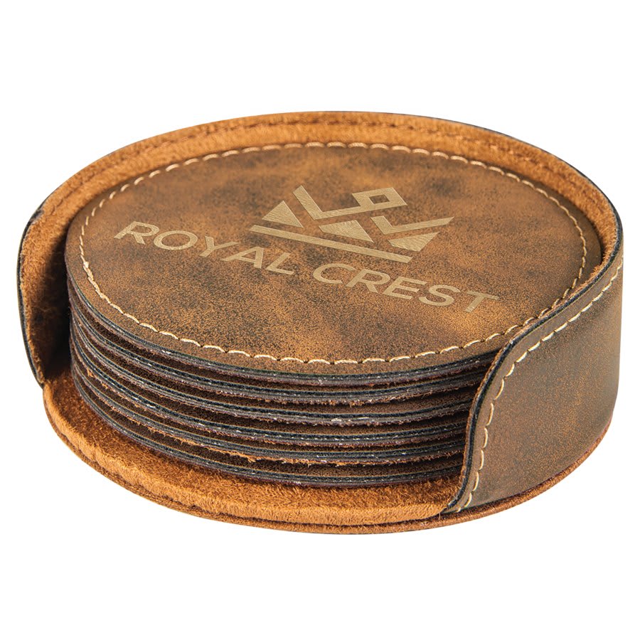 Set of antique brown leather coasters  on a gold background