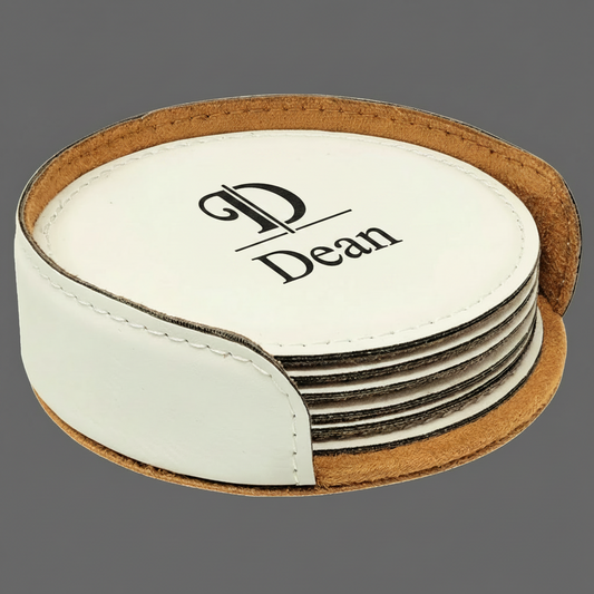White Round Leatherette Coasters with black engraving