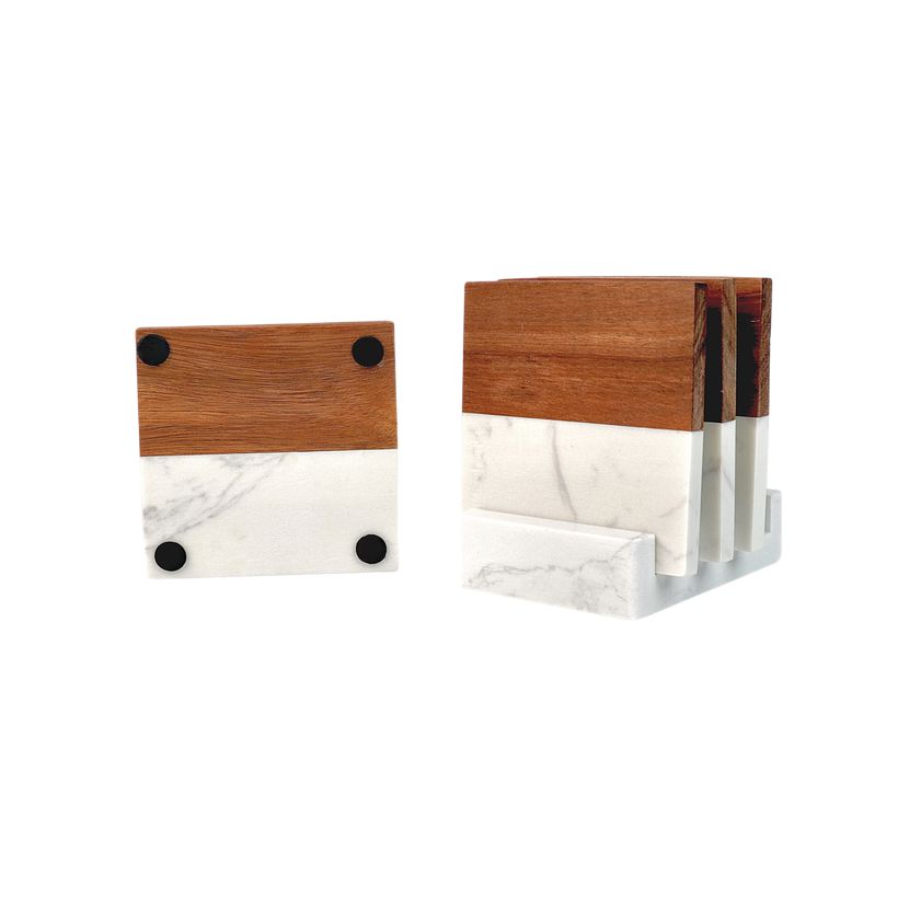 Premium Marble & Acacia Wood Coasters – Set of 5