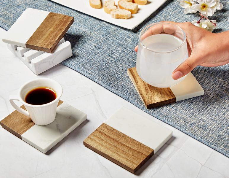 Premium Marble & Acacia Wood Coasters – Set of 5